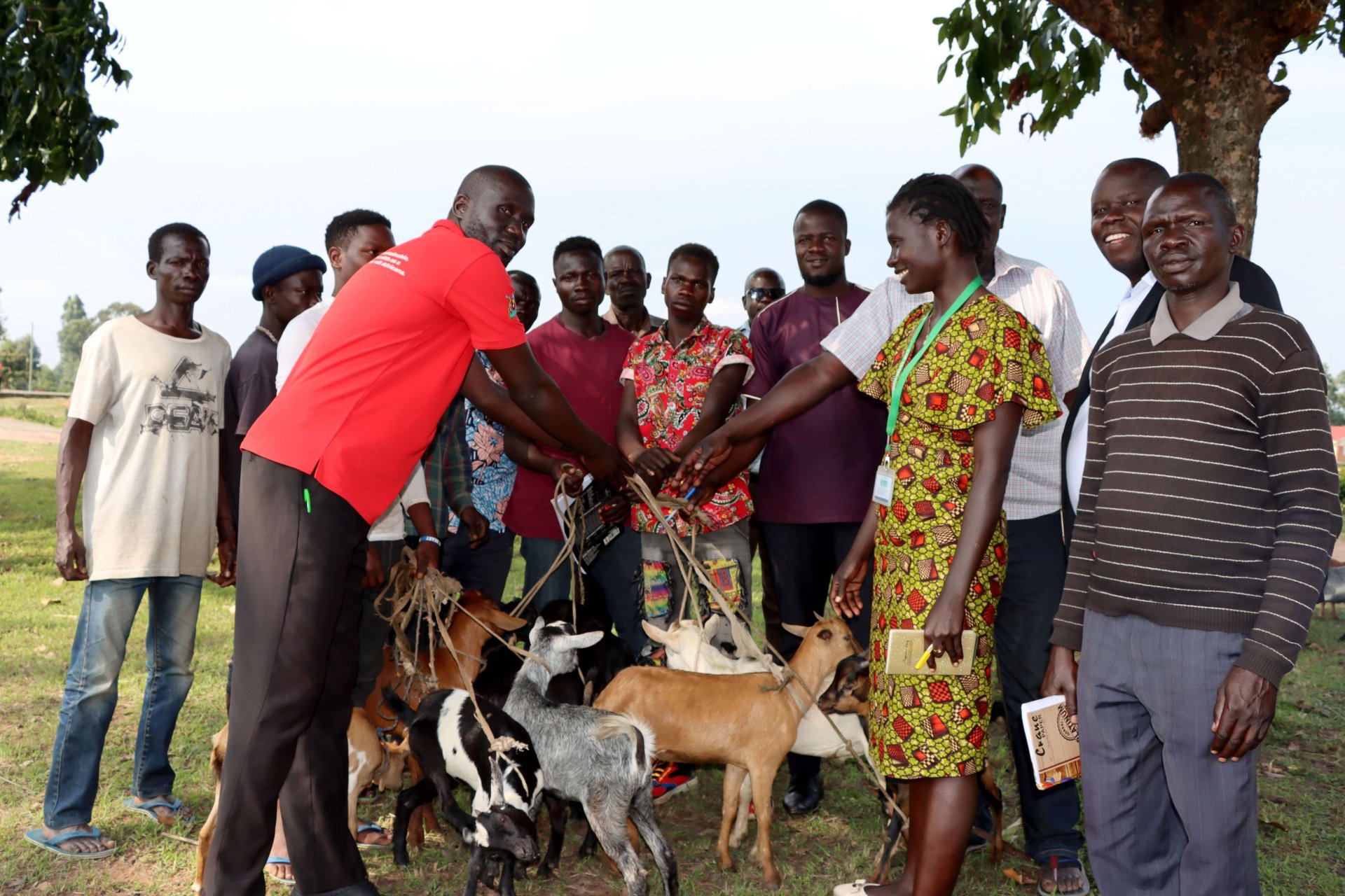 Chairperson LC3 (in red T-shirt) hands over goats to youth group in Vurra Subcouty Hqs