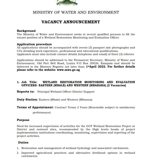WETLAND RESTORATION MONITORING AND EVALUATION OFFICERS- EASTERN (MBALE) AND WESTERN (MBARARA) (2 Vacancies)